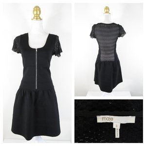 Maje Black Netted Mesh Back Zip Front Fit Flare Dress XS S
